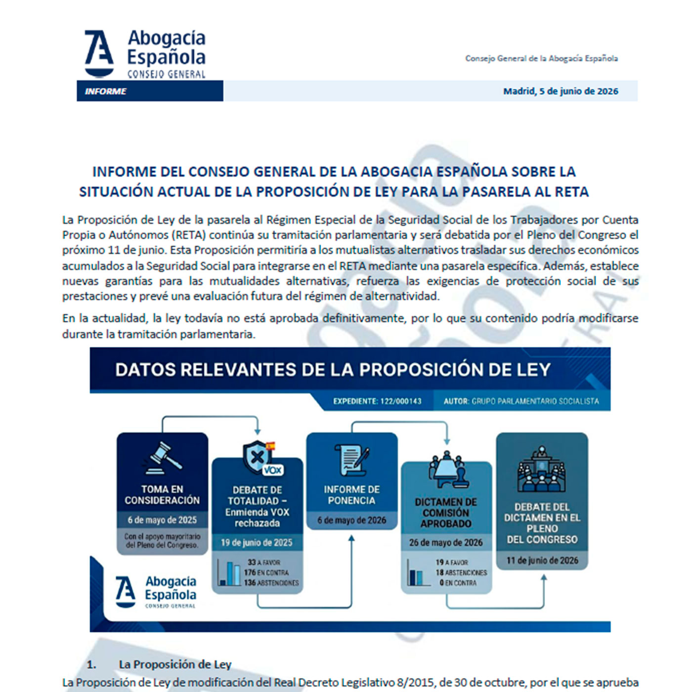 Abogacía Española elabora un informe para analizar la tramitación parlamentaria de la Pasarela al RETA