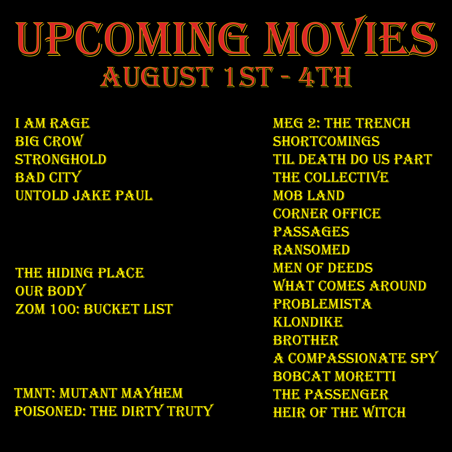 Upcoming Movies (August 1st - 4th, 2023) (28 Movies)