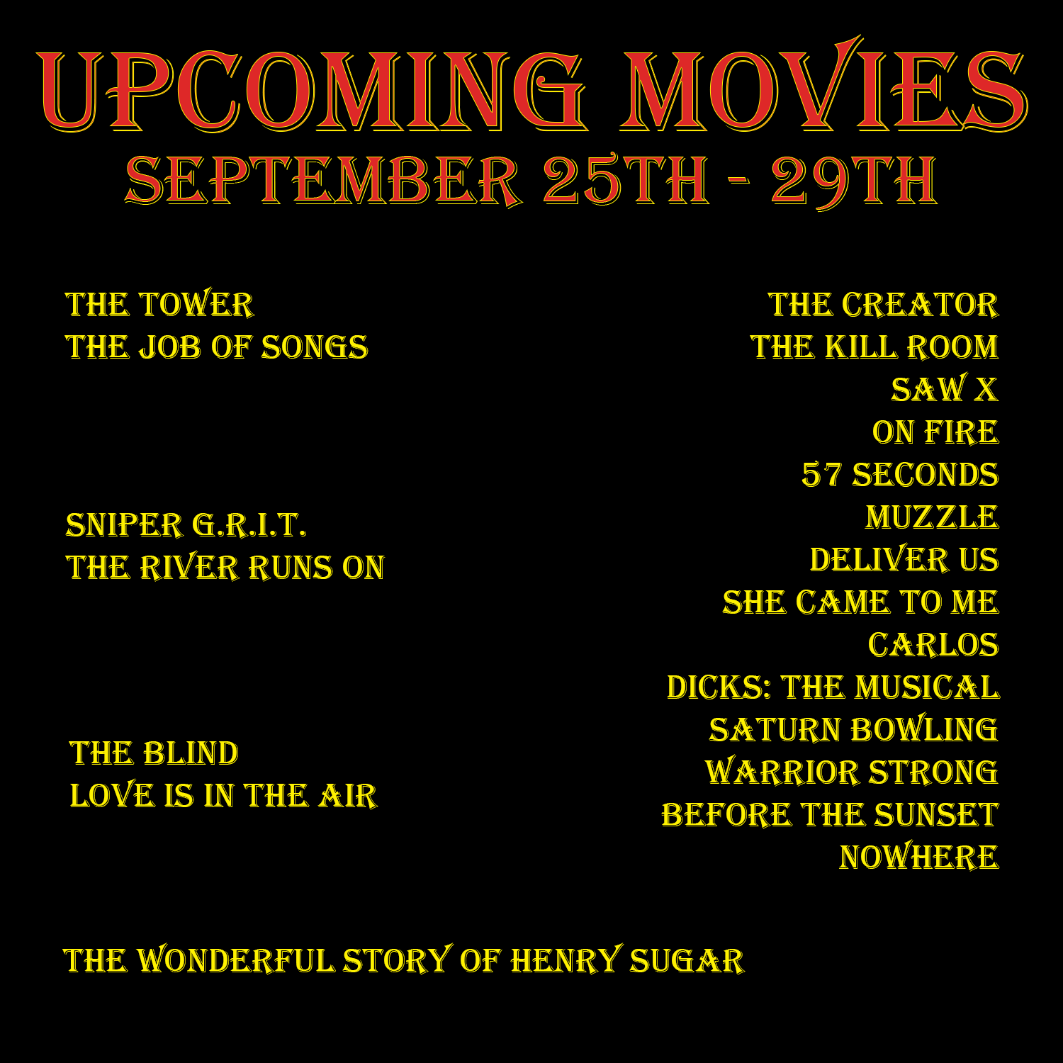 Upcoming Movies (September 25th - 29th) (21 Movies)