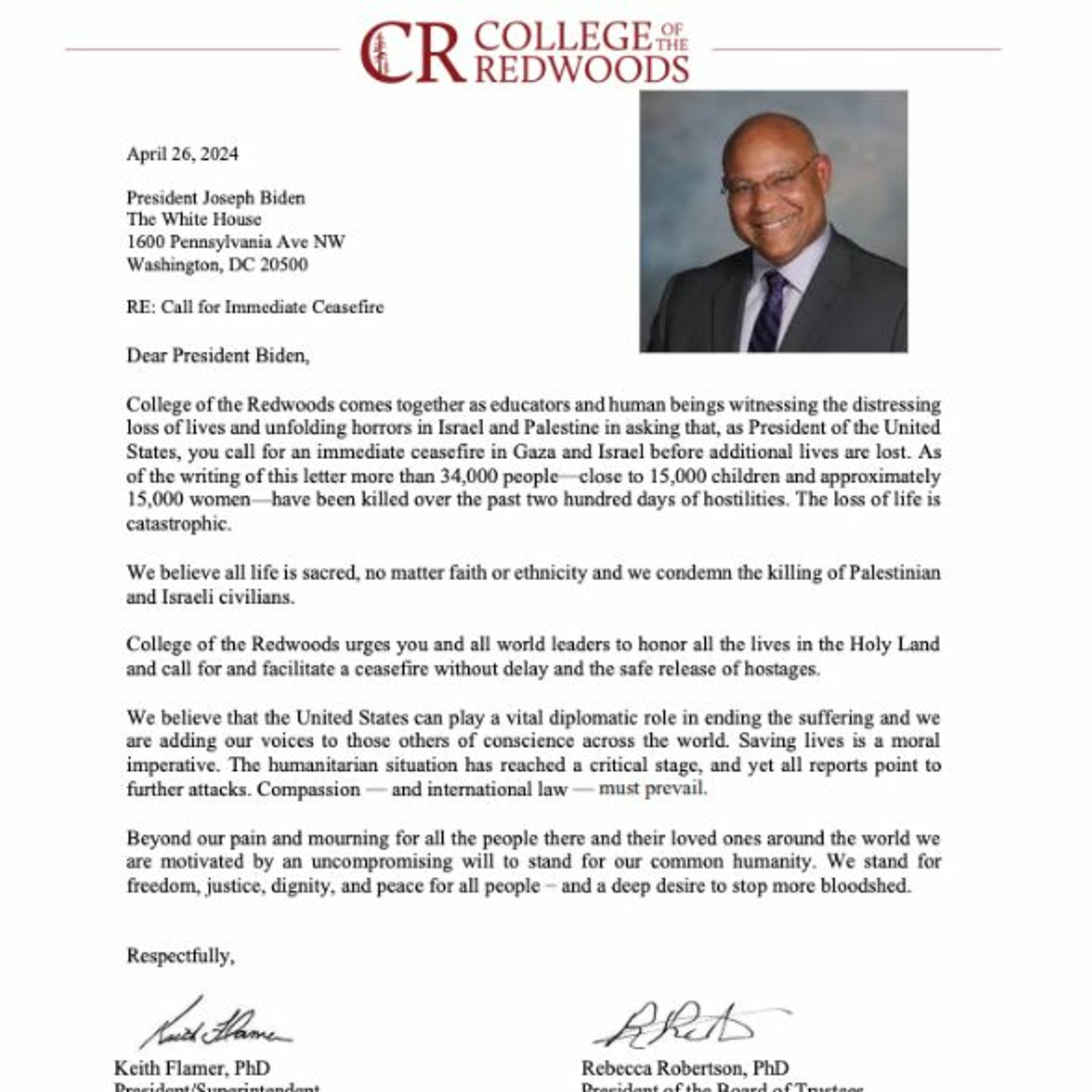 College of the Redwoods President Calls for Gaza Ceasefire